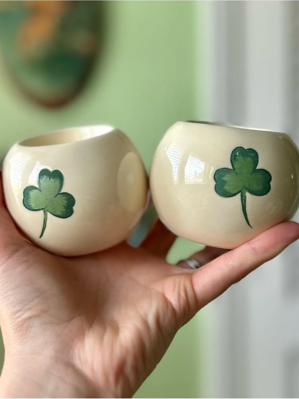 Vintage Cream & Green Shamrock Ceramic Irish Candle Tealight Holder Set of 2